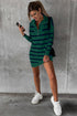 Striped O-Ring Zip Front Collared Drop Shoulder Long Sleeve Sweater Dress